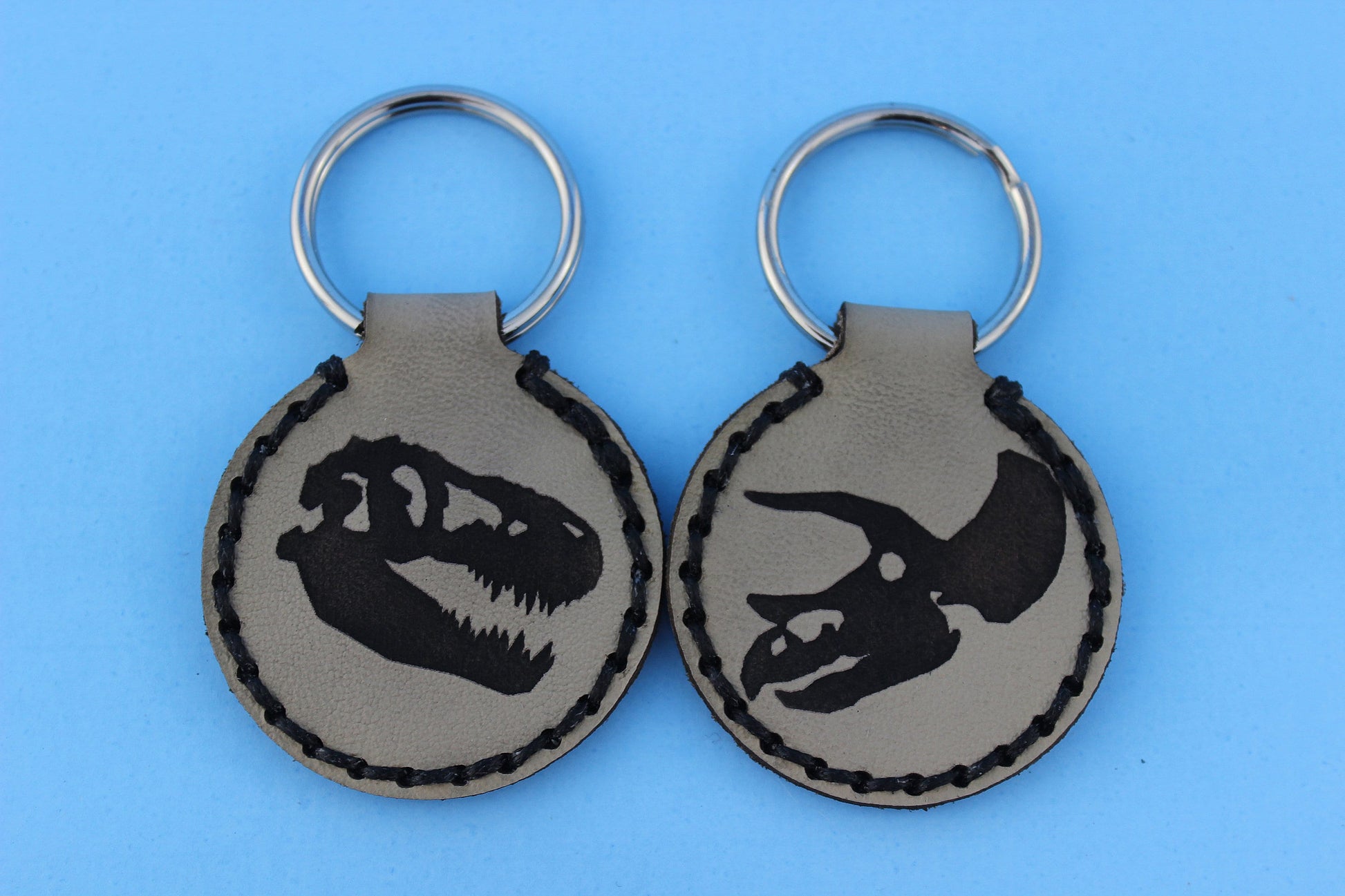 T. rex or Triceratops Dinosaur Skull Leather Key Fob