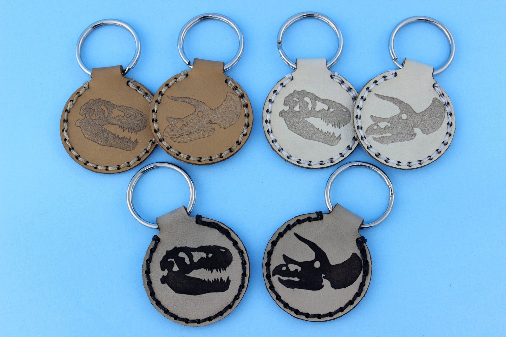 T. rex or Triceratops Dinosaur Skull Leather Key Fob