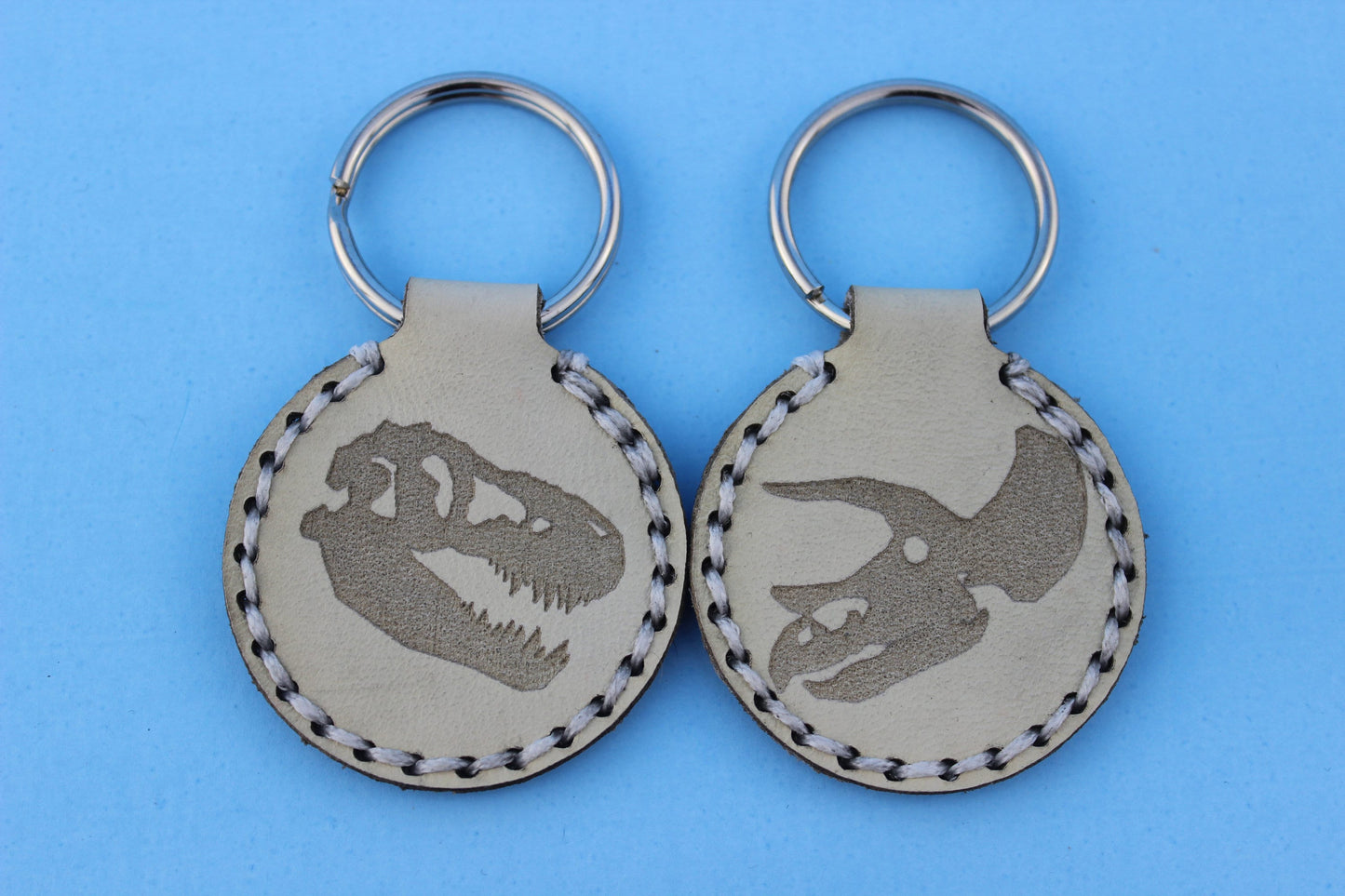 T. rex or Triceratops Dinosaur Skull Leather Key Fob