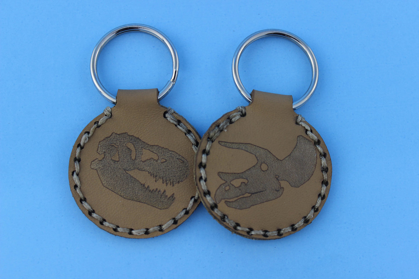 T. rex or Triceratops Dinosaur Skull Leather Key Fob